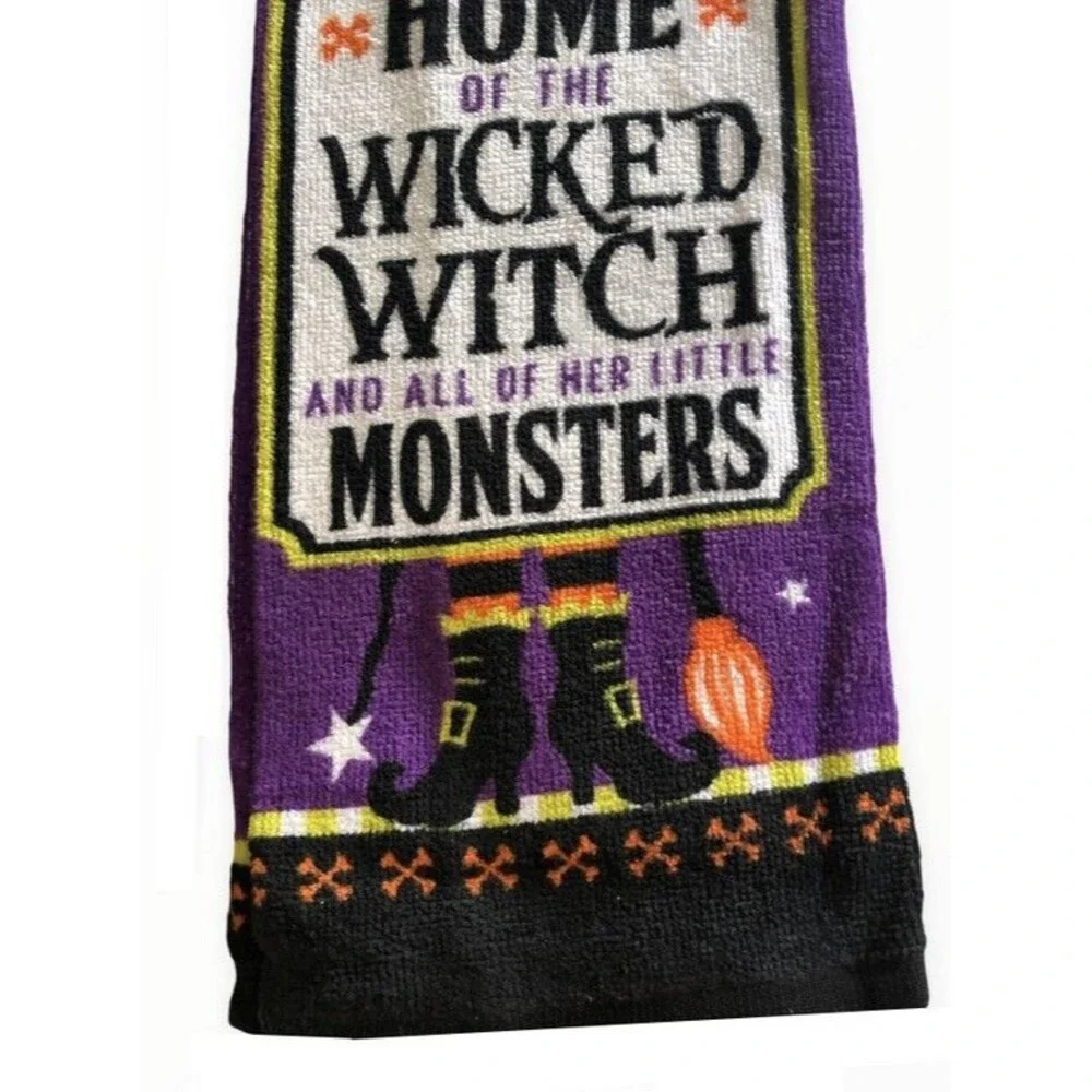 Halloween Trick Treat Kitchen Dish Towels Home of Wicked Witch Monster Set of 2